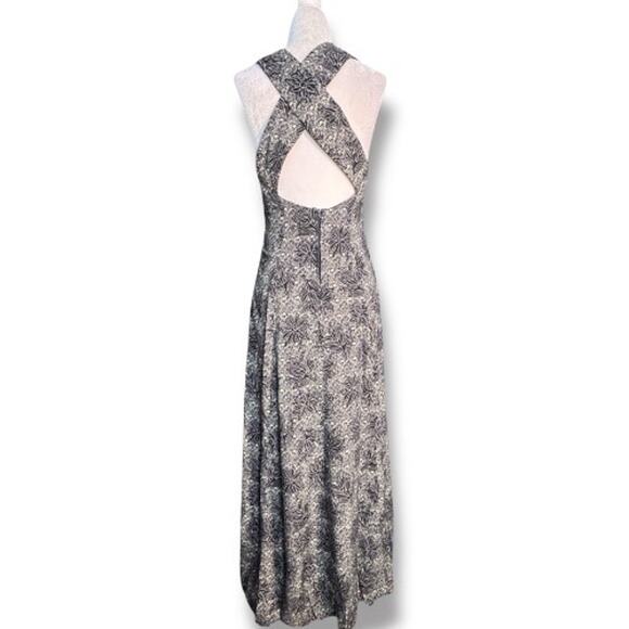 Vintage 90s All That Jazz Abstract Floral Maxi Dress Open Cross Back Black - Picture 3 of 10